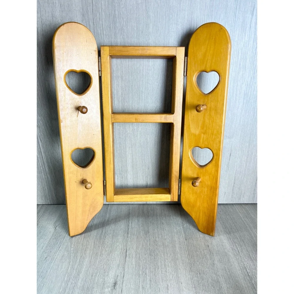 Vintage Wooden Heart Wall Shelf Peg Hooks Country Cottage Folding Spice Rack